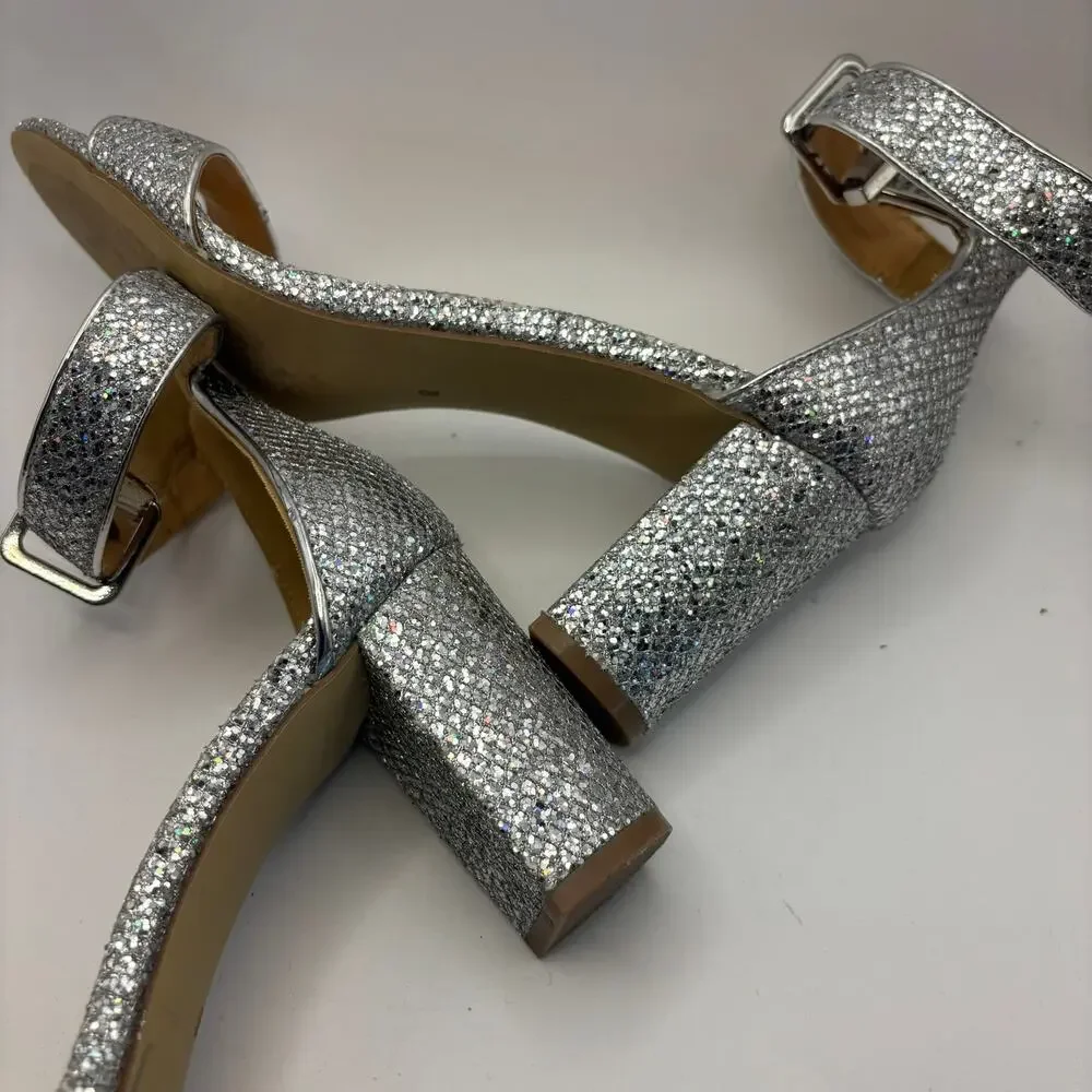 Badgley Mischka American Glamour Silver Glitter Block Heel Sandals Size 8